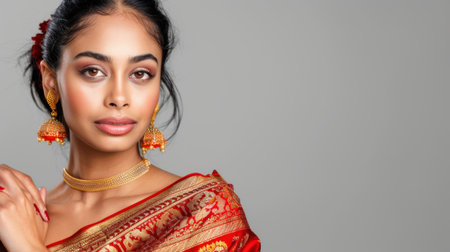 A captivating portrait of a South Asian woman showcasing traditional attire in a vibrant red saree enhanced by elegant jewelry and flawless makeup.の素材