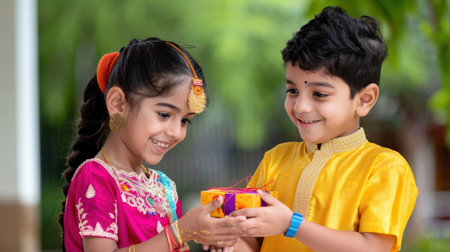 Two joyful children dressed in traditional attire share a colorful gift, showcasing friendship and celebration in a vibrant outdoor setting.の素材