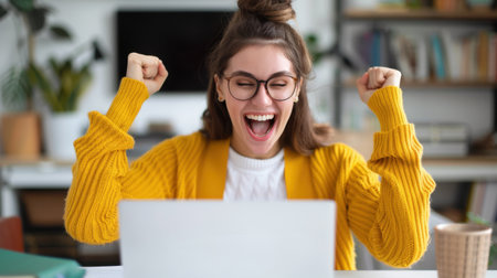 A young woman expresses joy and excitement as she celebrates a success while working on her laptop at home. Her cozy space inspires positive energy.の素材