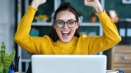 A happy young woman wearing glasses celebrates her success while working on a laptop in a stylish office space. Her joyful expression captures the essence of motivation and productivity.の素材