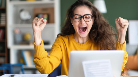 A joyful woman celebrates her achievement while working on her laptop in a cozy room filled with books and natural light. Her excitement captures a moment of personal success.の素材