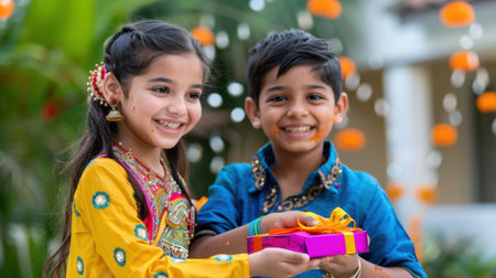 Two cheerful children are celebrating a vibrant festival, dressed in colorful traditional attire. They share a joyful moment while holding a beautifully wrapped gift, surrounded by festive decorations.の素材