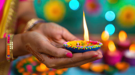 A close-up view of a hand holding a beautifully decorated diya with a lit candle, symbolizing joy and spirituality during vibrant Indian festivals.の素材