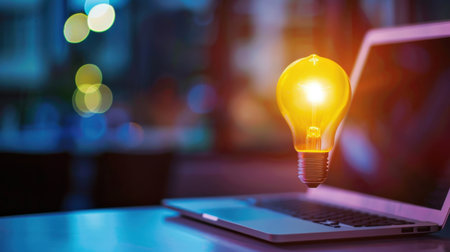 This image features a luminous light bulb floating above an open laptop, symbolizing creativity and innovation in a contemporary workspace, perfect for business themes.の素材