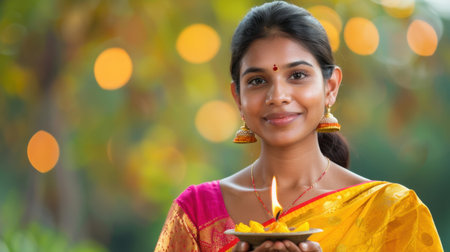 A beautiful woman dressed in vibrant traditional attire holds an oil lamp during a festive celebration, surrounded by a soft, glowing bokeh background.の素材