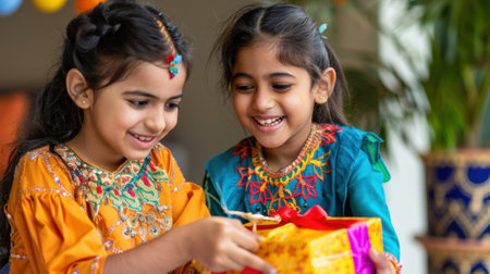 Two young girls share delightful moments as they unwrap colorful gifts during a festive celebration at home, radiating joy and excitement.の素材