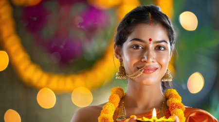 A young woman dressed in traditional attire holds a diya, symbolizing light and hope, amidst vibrant decorations during a joyful festival celebration.の素材