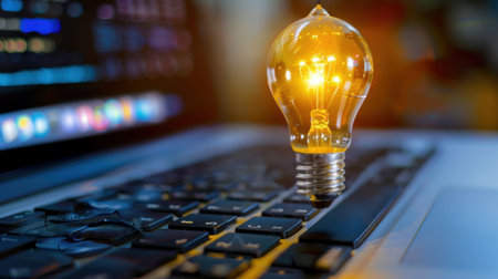 A glowing light bulb placed on a laptop keyboard represents innovative ideas and creativity in technology. The warm light creates an inspiring atmosphere for brainstorming and problem-solving.の素材