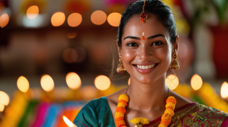 A radiant young woman in traditional attire smiles amidst a festive setting filled with colorful lights and floral decorations, symbolizing joy and celebration.の素材