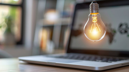A glowing light bulb hangs above a laptop, symbolizing creativity and innovation in a modern workspace, emphasizing the power of ideas and inspiration.の素材