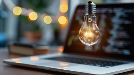 A captivating scene featuring an illuminated light bulb floating above a sleek laptop, creating a blend of warmth and modern technology. The blurred bokeh background adds a soft, inviting atmosphere perfect for creative ideas and innovation.の素材