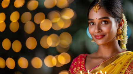 A joyful woman dressed in vibrant traditional attire holds candles for Diwali, surrounded by a warm and softly blurred light backdrop, symbolizing celebration.の素材