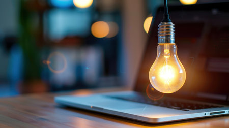 A warm and inviting scene featuring a glowing light bulb hanging above a laptop, creating a cozy atmosphere perfect for work or inspiration.の素材