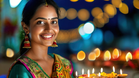 A beautiful woman dressed in colorful traditional attire holds a set of diya lamps during a vibrant festival. The glowing lights in the background create a warm and celebratory atmosphere, symbolizing joy and spirituality.の素材