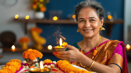 An elegant Indian woman in traditional attire celebrates a festival, holding a diya in her hand with flowers decorating a vibrant table setting.の素材