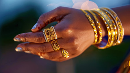 A close-up of a beautifully adorned hand featuring stunning gold rings and shimmering bangles, showcasing intricate designs and vibrant elegance.の素材