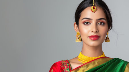 Stunning portrait of an elegant Indian woman in vibrant traditional attire, adorned with intricate jewelry and bright makeup, exuding charm and beauty.の素材