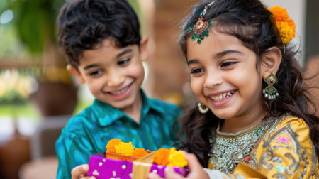 A heartwarming scene featuring two young siblings joyfully exchanging colorful gifts during a festive celebration, showcasing vibrant traditional attire and delightful expressions.の素材