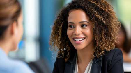 A young woman with curly hair shares a warm smile during a conversation in a modern office, reflecting a positive and engaging work environment.の素材