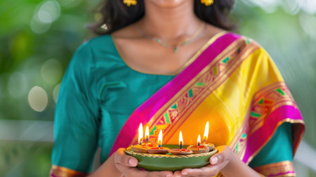 A woman in vibrant traditional attire holds a plate of colorful diyas, symbolizing light and joy during a festive celebration. The image radiates warmth and cultural richness.の素材