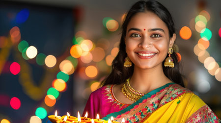 A radiant young woman smiles while holding diya lamps, dressed in vibrant traditional attire, surrounded by colorful bokeh lights, embodying festive joy.の素材