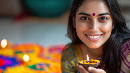 A joyful young woman holds a traditional diya, smiling beautifully while surrounded by colorful rangoli decorations at her home during a festive celebration.の素材