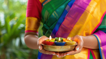 A woman proudly holds a tray of colorful diya lamps, celebrating a vibrant festival, adorned in a traditional saree, surrounded by lush greenery.の素材