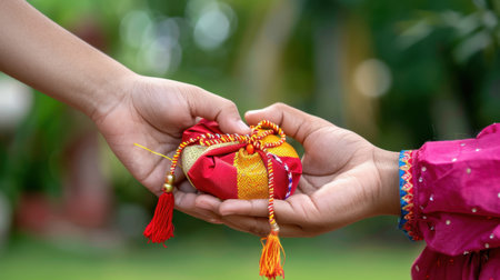 Two hands exchanging a vibrant traditional gift, symbolizing joy and connection, set against a serene green backdrop emphasizing cultural celebration.の素材