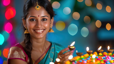 A joyful woman dressed in traditional attire engages in festive celebrations, surrounded by glowing diyas and colorful decorations, exuding warmth and beauty.の素材