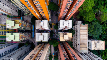 This stunning aerial photograph captures a vibrant view of densely packed high-rise buildings surrounded by lush greenery in a metropolitan setting.の素材