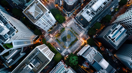 An aerial perspective captures a bustling urban intersection, bordered by towering skyscrapers and illuminated by city lights at dusk, showcasing modern city life.の素材