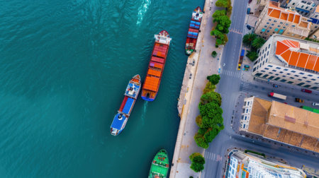 This aerial image showcases vibrant cargo ships docking at an urban port. The scene captures the dynamic relationship between city and waterways under bright daylight.の素材