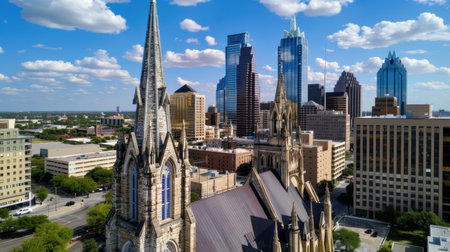 This stunning aerial image features a historic church juxtaposed against a modern skyline, showcasing the harmony of old and new in urban life.の素材