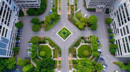 This aerial photograph captures a striking view of a modern urban landscape. Symmetrical roads with lush green spaces create a harmonious balance between nature and architecture.の素材