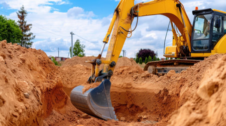 A large yellow excavator is digging into a dirt pile on a construction site. The blue skies with fluffy clouds provide a perfect backdrop for this heavy machinery.の素材