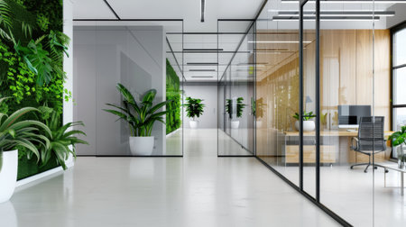 A stunning modern office interior featuring glass walls, vibrant green plants, and ample natural light, creating a refreshing workspace view for professionals.の素材