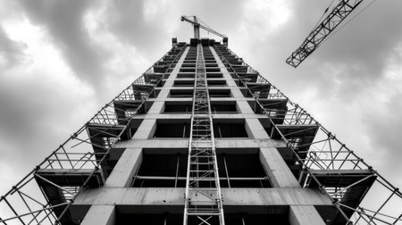 A striking black and white image showcasing a modern construction site with scaffolding and a crane against an overcast sky, emphasizing industrial progress.の素材