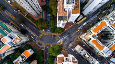 This aerial image showcases a vibrant urban intersection, surrounded by modern buildings and lush green trees, capturing the essence of city life and architecture.の素材