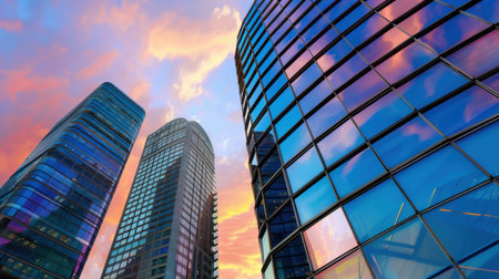 This captivating city skyline features modern buildings with glass facades reflecting a vibrant sunset sky. The artistic composition highlights contemporary architecture amidst a dramatic evening backdrop, creating an inviting urban atmosphere.の素材