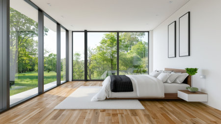 A bright and airy modern bedroom featuring large windows that invite nature and sunlight. The serene environment promotes relaxation and comfort.の素材