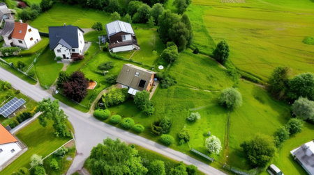 This aerial photograph showcases a tranquil rural landscape with houses surrounded by lush green fields and trees, capturing the beauty of summer serenity.の素材