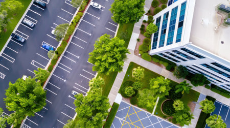 An overhead view capturing a sleek office building enveloped by vibrant greenery and expansive parking areas, perfect for showcasing modern work environments.の素材