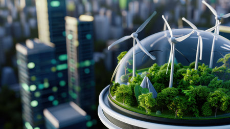 This image showcases a futuristic urban landscape featuring a dome encasing lush greenery and wind turbines, highlighting sustainable technology in a city setting.の素材