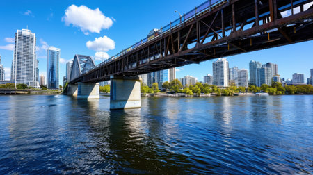 This stunning image captures a modern bridge spanning a river, framed by a vibrant city skyline under a bright blue sky. Perfect for travel and urban themes.の素材