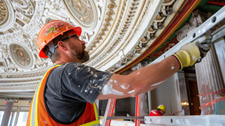A dedicated construction worker in safety gear applies finishing touches to an ornate ceiling during a historical restoration project, showcasing skill and dedication.の素材