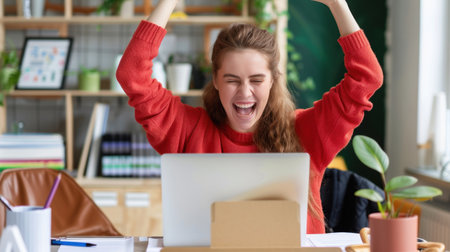 A young woman joyfully celebrates her success while working at her home office. Her excitement radiates as she raises her arms in victory, reflecting positive energy.の素材