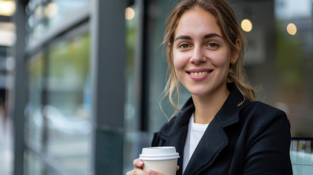 A young woman smiles while holding a coffee cup outdoors in an urban setting. The soft morning light enhances her cheerful expression, perfect for lifestyle imagery.の素材