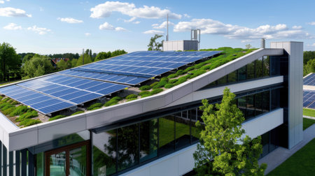 A stunning modern building featuring solar panels on its green roof. This image captures the balance between contemporary architecture and nature, showcasing sustainability.の素材