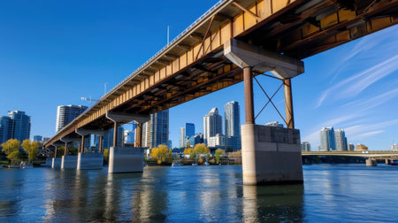 This image showcases a striking urban bridge spanning over a calm waterway, featuring modern skyscrapers and a bright blue sky.の素材