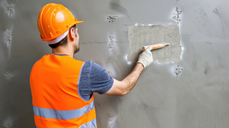 A construction worker performs wall repair using a trowel in a safe manner, highlighting the importance of safety gear in the construction industry.の素材